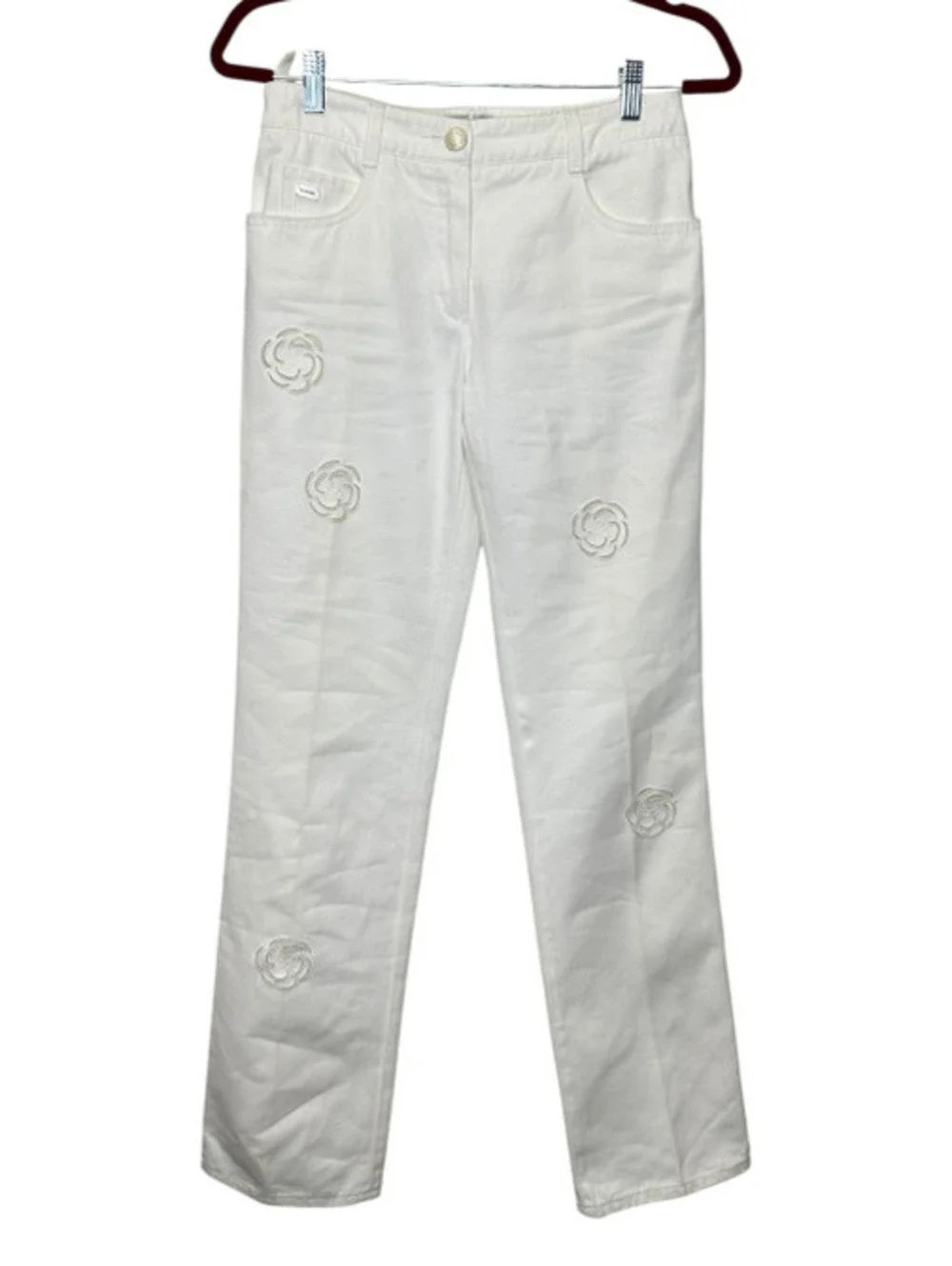 Chanel White Camellia Floral Accent Jeans